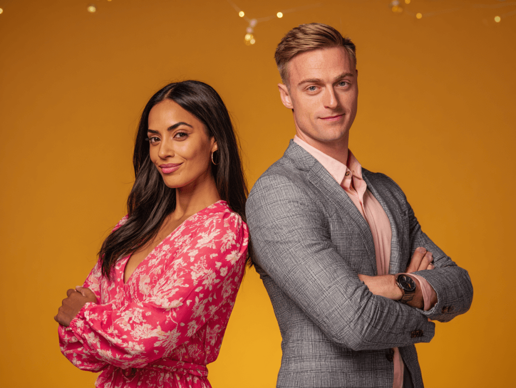 A matchmaking tv show promo photo of one of the couples